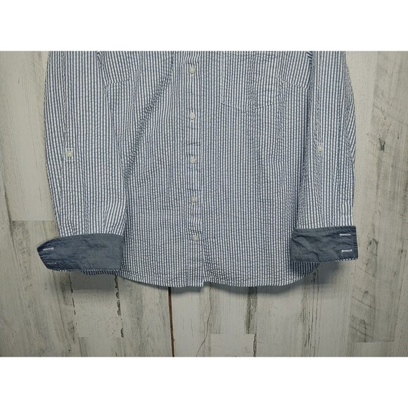 Tommy Hilfiger Women's Large Blue White Striped Seersucker Button Up Top - Picture 2 of 7